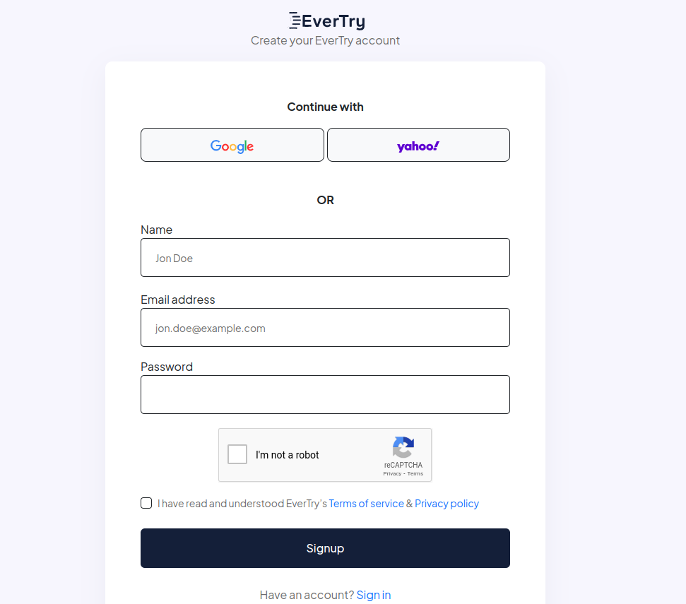 Create EverTry Account