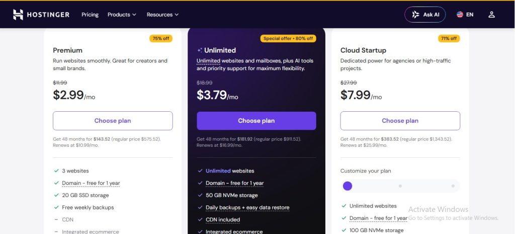 screen showing hostinger pricing page