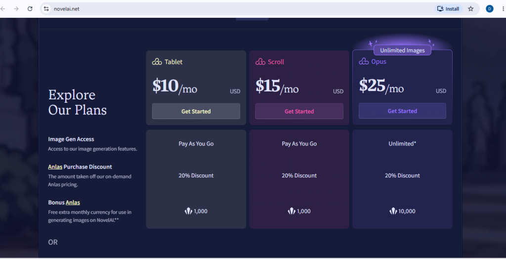 NovelAI pricing page