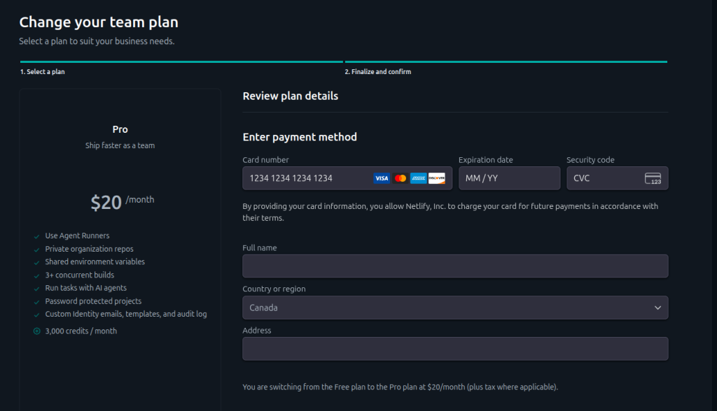 Netlify billing page — add payment method