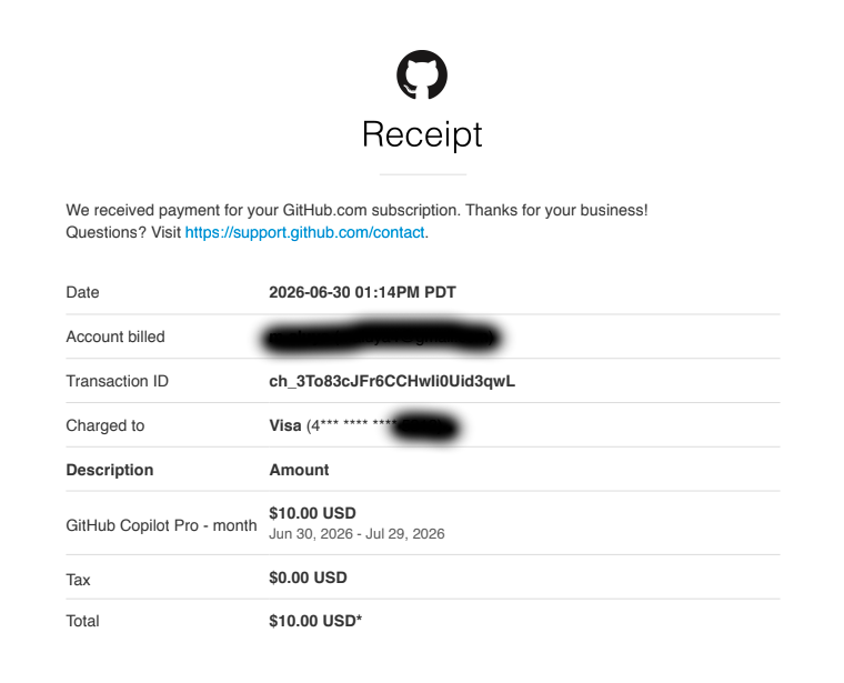 GitHub billing page, plan selection, payment confirmation