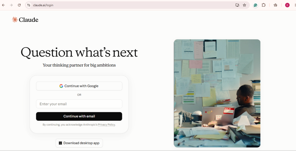 Screen showing Claude ai login page