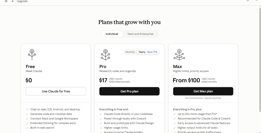 Screen showing Claude AI upgrade plans page