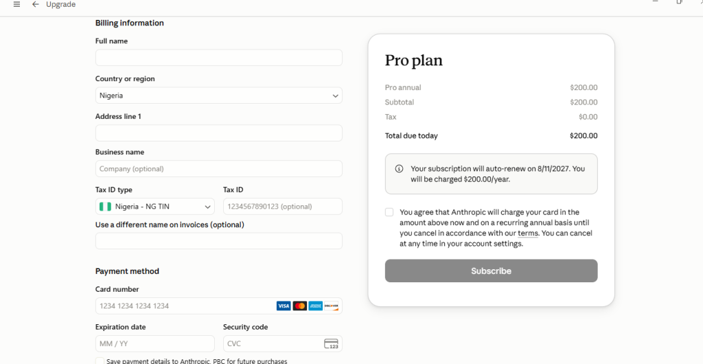 Screen showing Claude AI checkout page