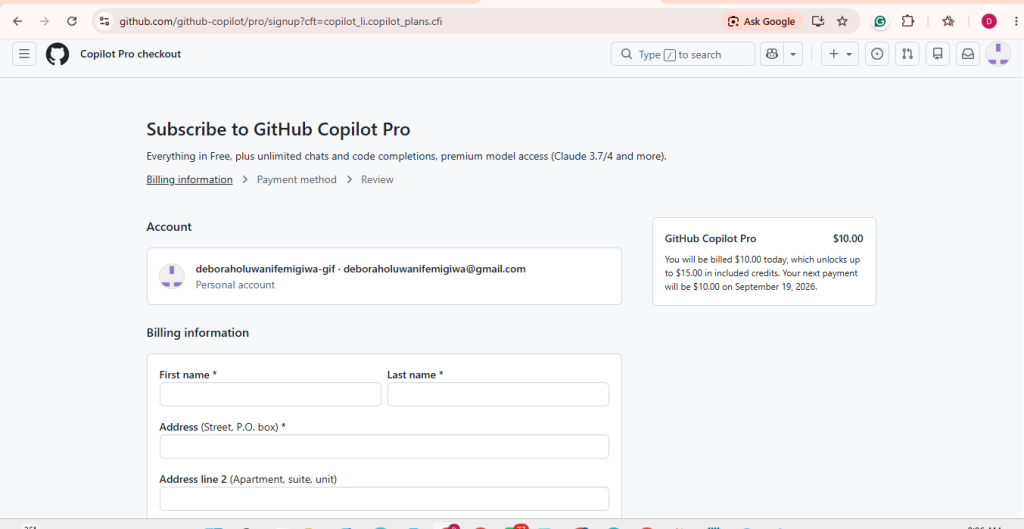 Screen showing Github billing info page