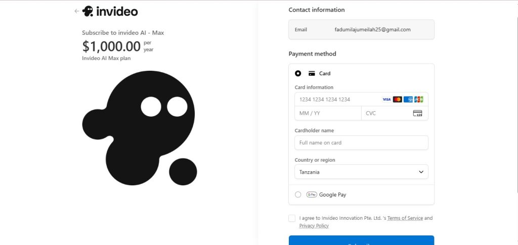 screen showing invideo payment page