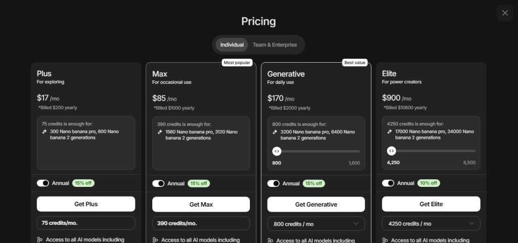 screen showing invideo pricing page